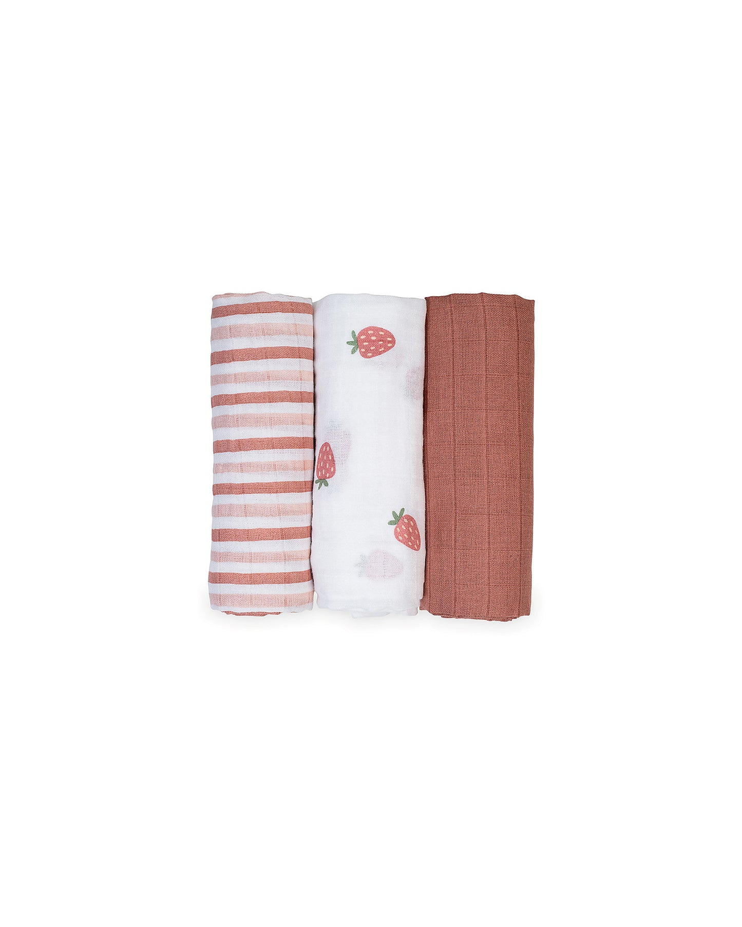 SET 3 COPERTINE NEONATO - in mussola di cotone, colorate Arcobaleno Fragola swaddle 69x69 cm.