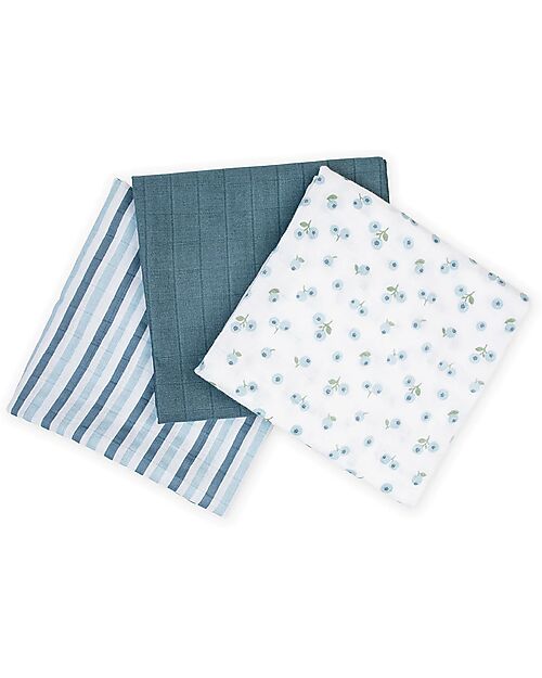 SET DA 3 COPERTINE NEONATO - in mussola di cotone, colorate Arcobaleno Mirtillo swaddle 69x69 cm.