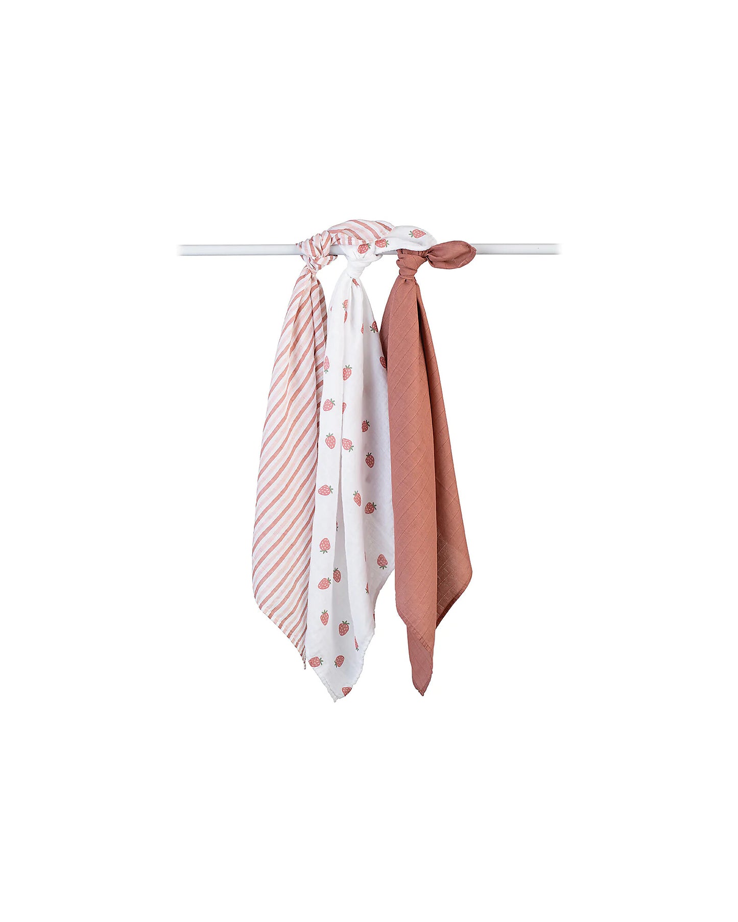 SET 3 COPERTINE NEONATO - in mussola di cotone, colorate Arcobaleno Fragola swaddle 69x69 cm.