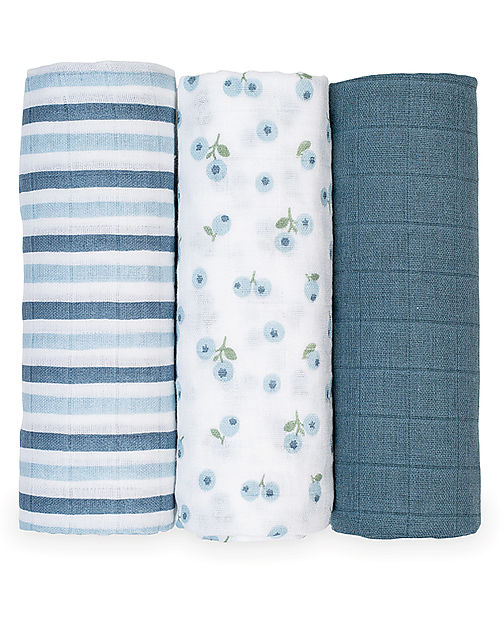 SET DA 3 COPERTINE NEONATO - in mussola di cotone, colorate Arcobaleno Mirtillo swaddle 69x69 cm.