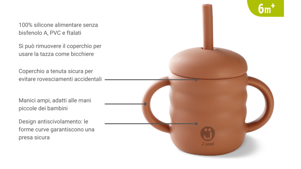Tazza in silicone con cannuccia, manici e tappo rimovibile - Bimbi 6 mesi+ Toffee