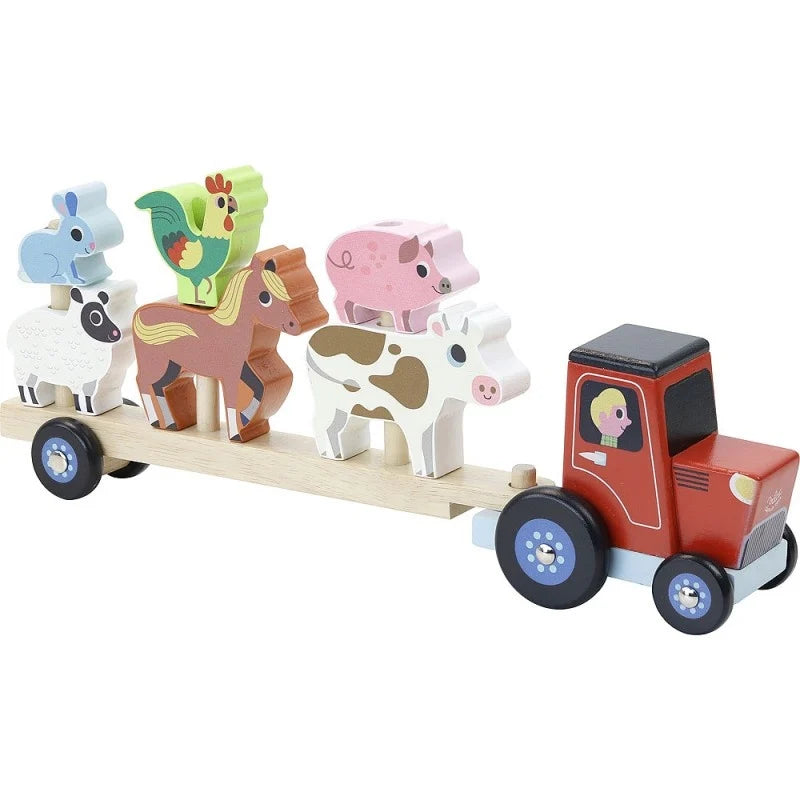 TRATTORE CON RIMORCHIO GIOCO PER BAMBINI - con animali impilabili, in legno, ecosostenibile