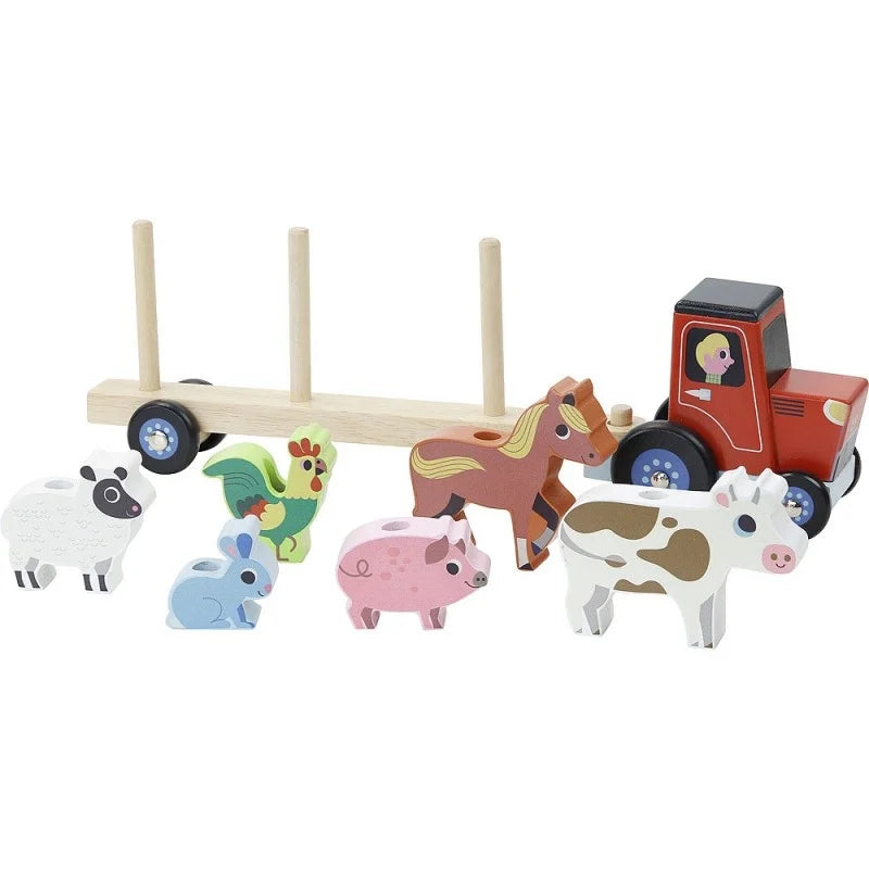 TRATTORE CON RIMORCHIO GIOCO PER BAMBINI - con animali impilabili, in legno, ecosostenibile
