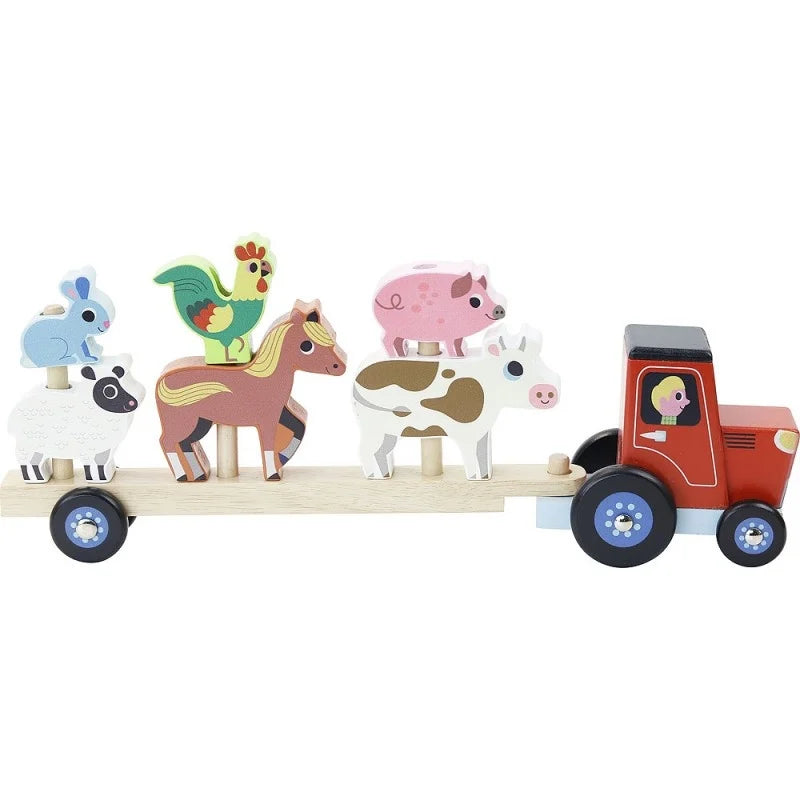 TRATTORE CON RIMORCHIO GIOCO PER BAMBINI - con animali impilabili, in legno, ecosostenibile